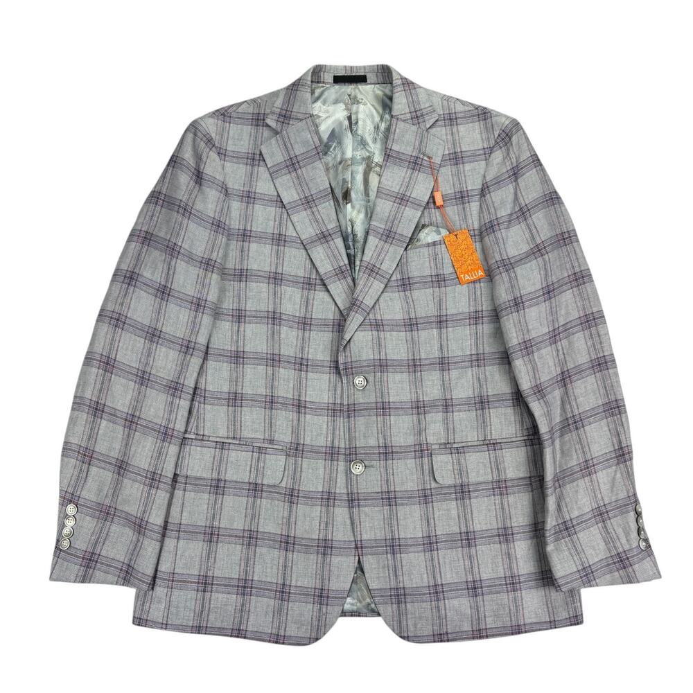 Tallia Mens Slim Fit Linen Plaid Sport Coat Gray Purple 44L